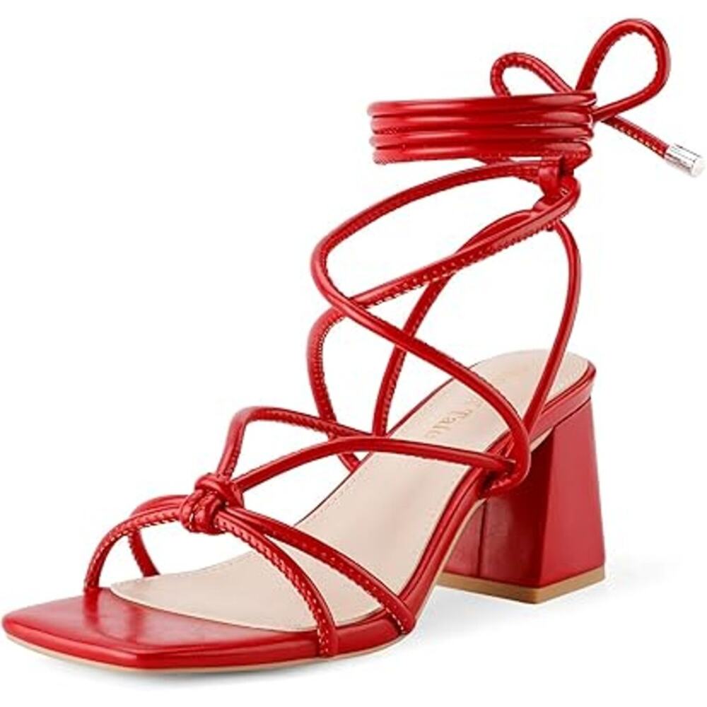 Shoe'N Tale Womens Size 7.5 Red 3.25" Block Heel Gladiator Lace Up Sandal Shoes